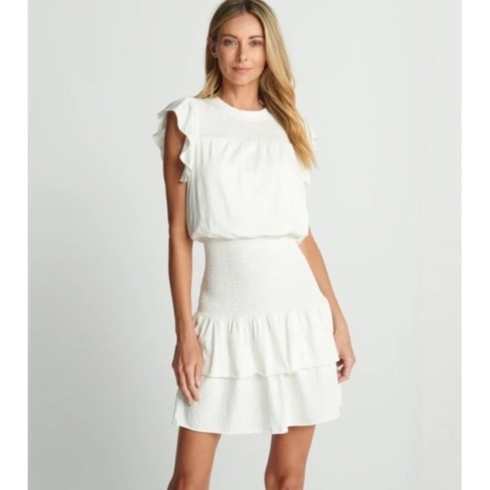 Sundays Ridley Mini Dress Size XS White Smocked Flutter Sleeve Tiered Ruffle